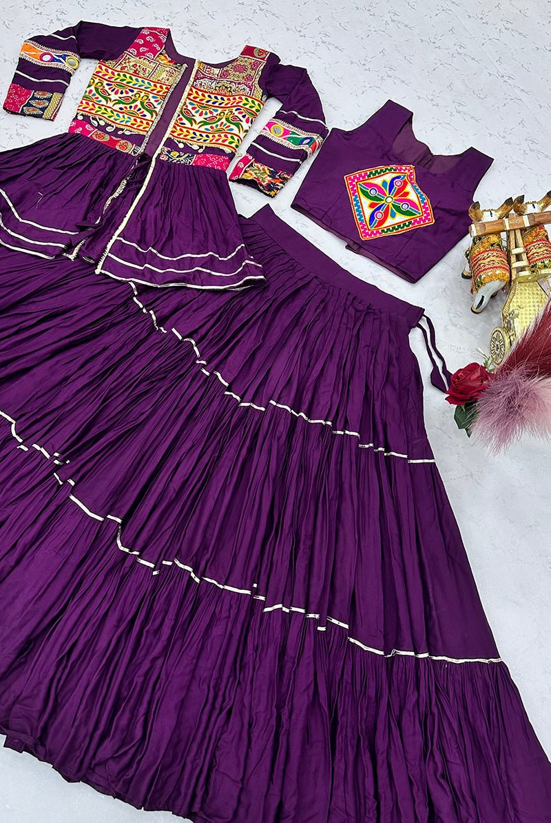 Monjolika Fashion Purple Navratri Gamthi Work Cotton Blend Lehenga Choli with Designer Koti For Garba | Grocsy