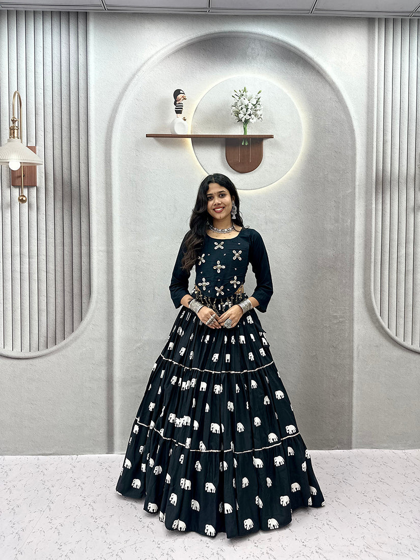 Monjolika Fashion Black Cotton Blend Ribbon Work Navratri Lehenga Choli | Grocsy