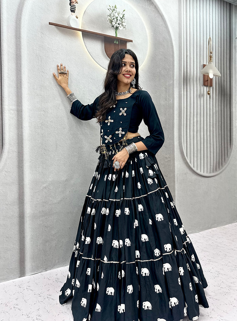 Monjolika Fashion Black Cotton Blend Ribbon Work Navratri Lehenga Choli | Grocsy
