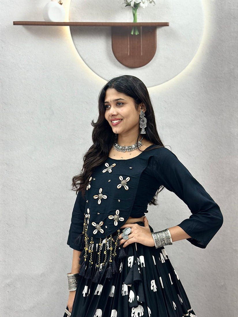 Monjolika Fashion Black Cotton Blend Ribbon Work Navratri Lehenga Choli | Grocsy