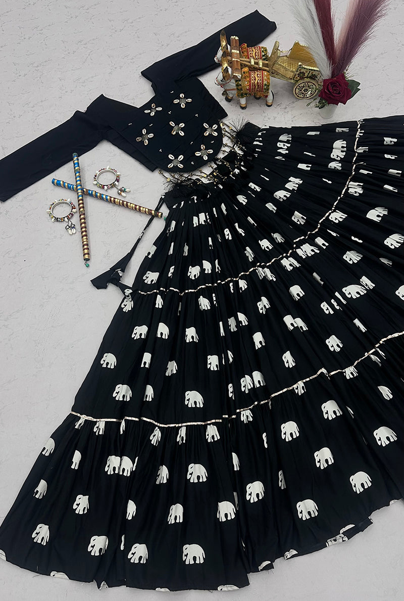 Monjolika Fashion Black Cotton Blend Ribbon Work Navratri Lehenga Choli | Grocsy