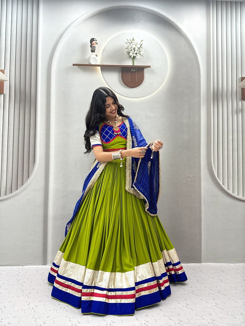Monjolika Fashion Parrot Green Cotton Blend Navratri Special Lehenga Choli | Grocsy