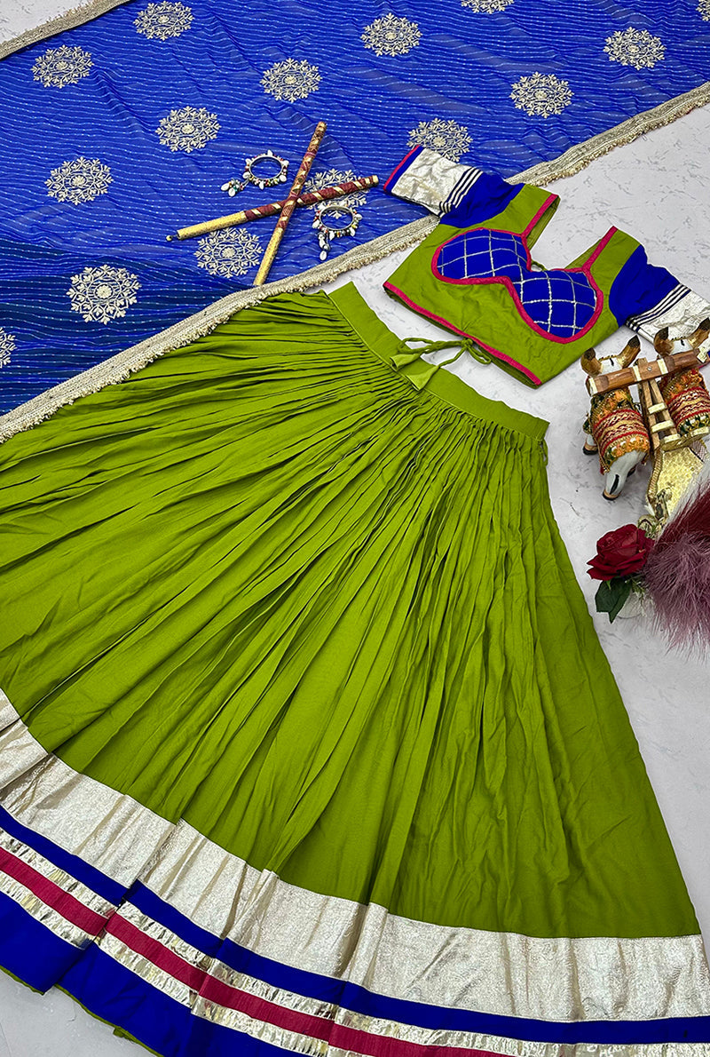Monjolika Fashion Parrot Green Cotton Blend Navratri Special Lehenga Choli | Grocsy
