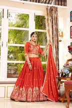 Monjolika Fashion Orange Faux Crepe Silk Embroidered Lehenga Choli | Grocsy