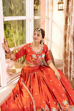 Monjolika Fashion Orange Faux Crepe Silk Embroidered Lehenga Choli | Grocsy