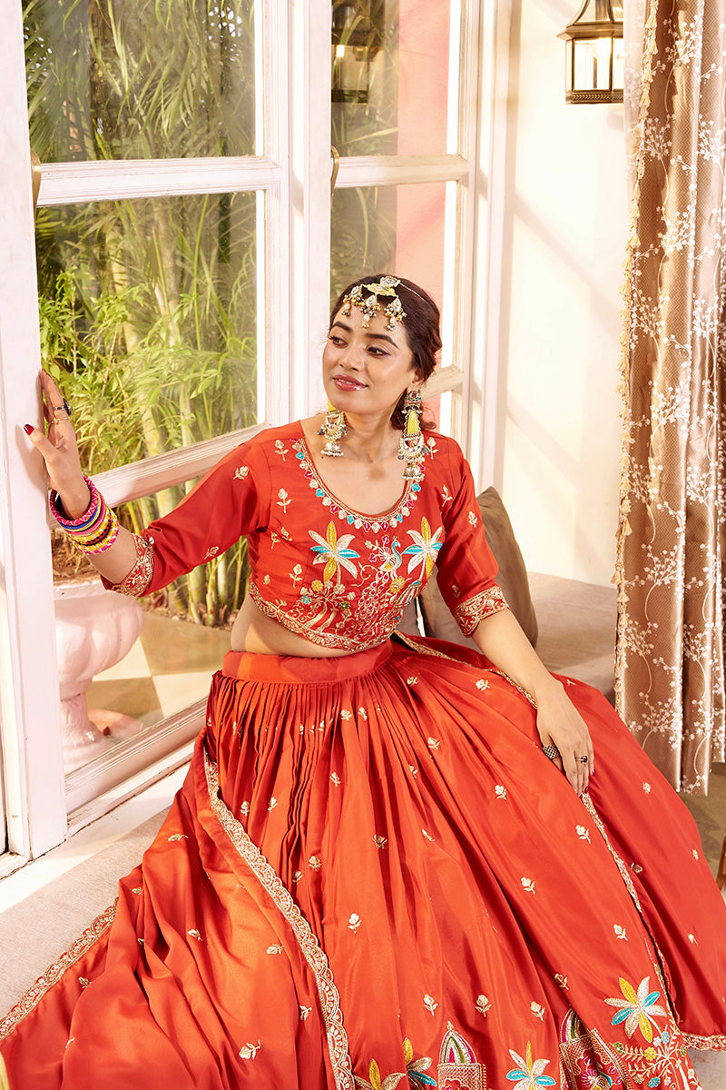 Monjolika Fashion Orange Faux Crepe Silk Embroidered Lehenga Choli | Grocsy