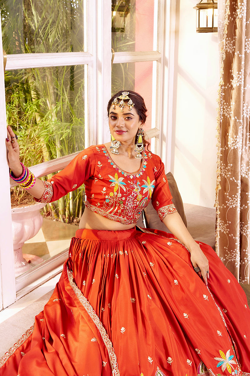 Monjolika Fashion Orange Faux Crepe Silk Embroidered Lehenga Choli | Grocsy