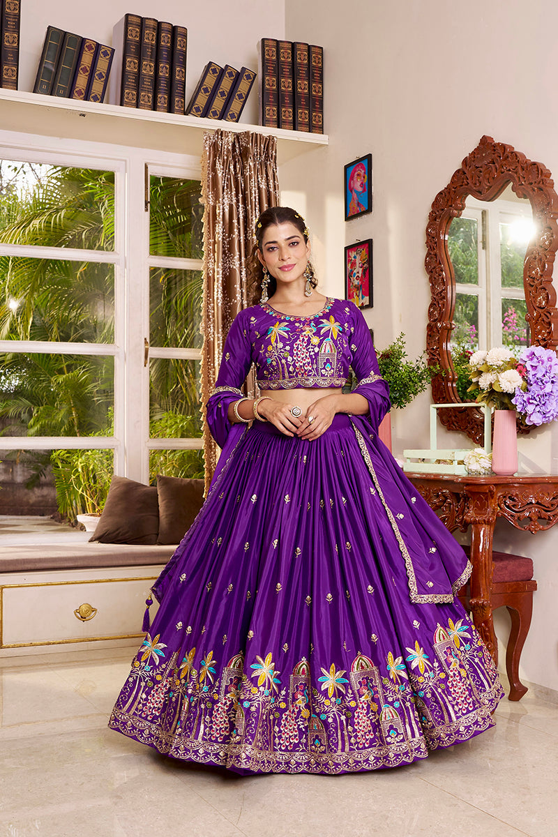Monjolika Fashion Purple Faux Crepe Silk Embroidered Lehenga Choli | Grocsy