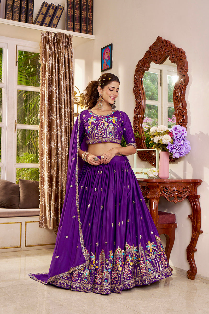 Monjolika Fashion Purple Faux Crepe Silk Embroidered Lehenga Choli | Grocsy