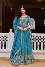 Monjolika Fashion Aqua Blue Silk Blend Embroidered Lehenga Choli Set With Dupatta | Grocsy