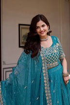Monjolika Fashion Aqua Blue Silk Blend Embroidered Lehenga Choli Set With Dupatta | Grocsy