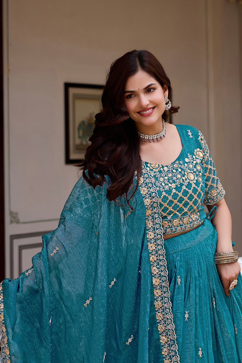 Monjolika Fashion Aqua Blue Silk Blend Embroidered Lehenga Choli Set With Dupatta | Grocsy