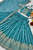 Monjolika Fashion Aqua Blue Silk Blend Embroidered Lehenga Choli Set With Dupatta | Grocsy