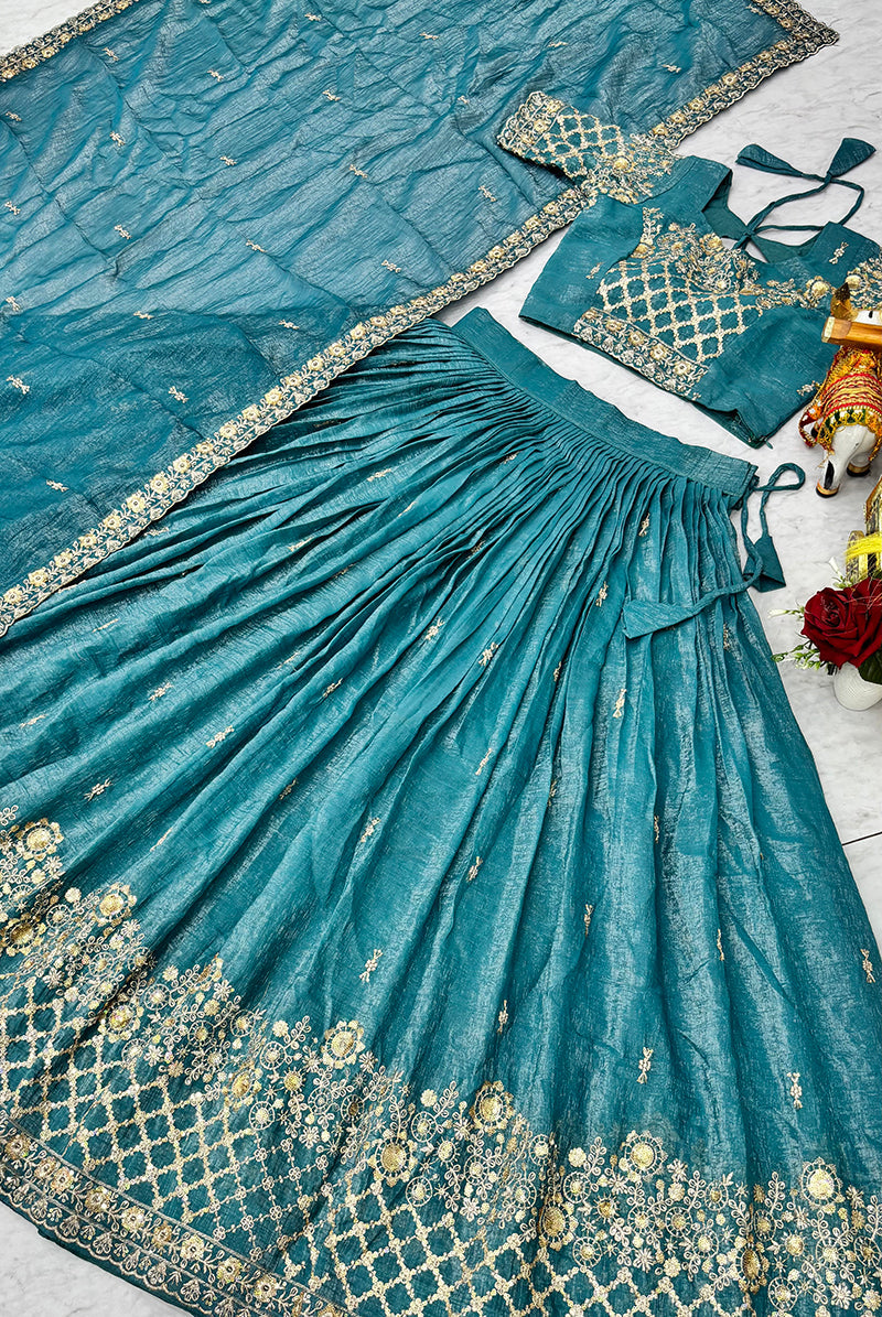 Monjolika Fashion Aqua Blue Silk Blend Embroidered Lehenga Choli Set With Dupatta | Grocsy