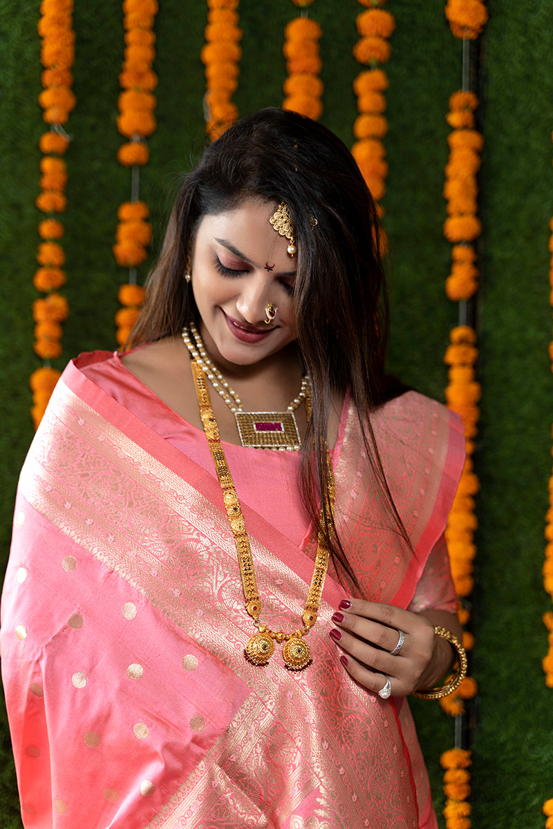 Monjolika Fashion Baby Pink Woven Banarasi Silk Blend Saree With Blouse | Grocsy