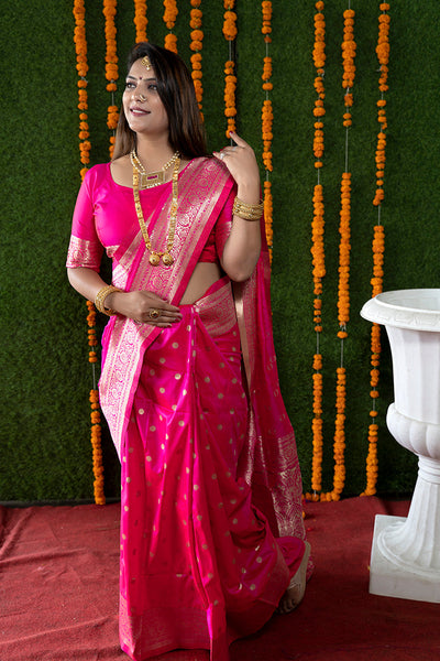 Monjolika Fashion Rani Pink Woven Banarasi Silk Blend Saree With Blouse