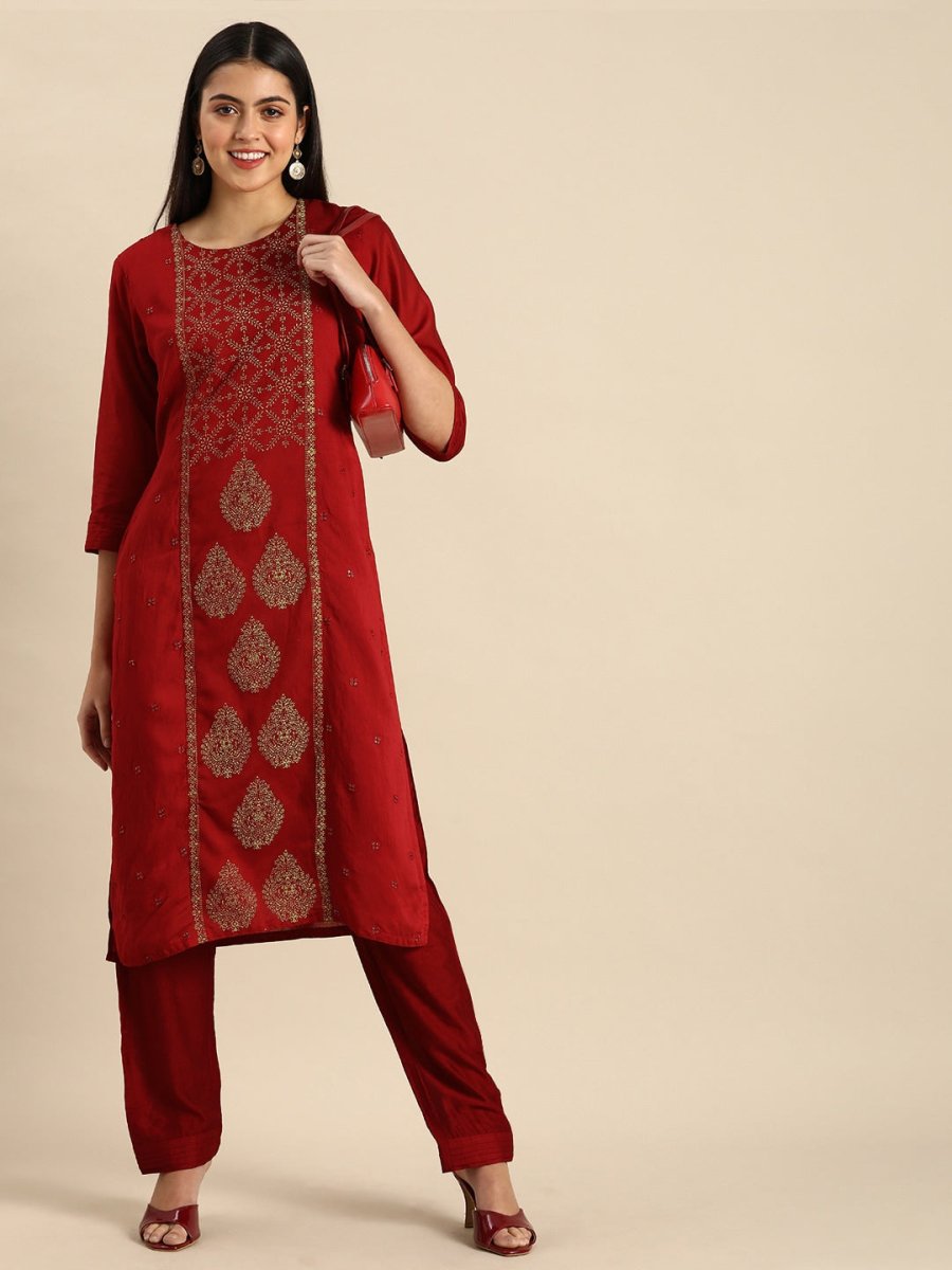 All About You Women Red & Golden Ethnic Motifs Embroidered Kurta Set | Grocsy