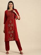 All About You Women Red & Golden Ethnic Motifs Embroidered Kurta Set | Grocsy