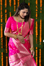 Monjolika Fashion Rani Pink Woven Banarasi Silk Blend Saree With Blouse | Grocsy