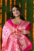Monjolika Fashion Rani Pink Woven Banarasi Silk Blend Saree With Blouse | Grocsy