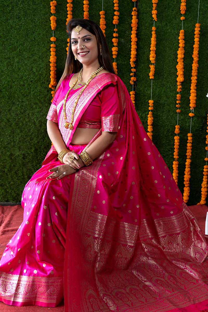 Monjolika Fashion Rani Pink Woven Banarasi Silk Blend Saree With Blouse | Grocsy