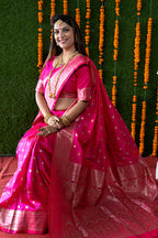 Monjolika Fashion Rani Pink Woven Banarasi Silk Blend Saree With Blouse | Grocsy