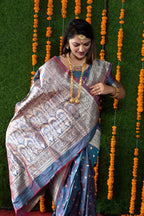 Monjolika Fashion Steel Grey Woven Banarasi Silk Blend Saree With Blouse | Grocsy