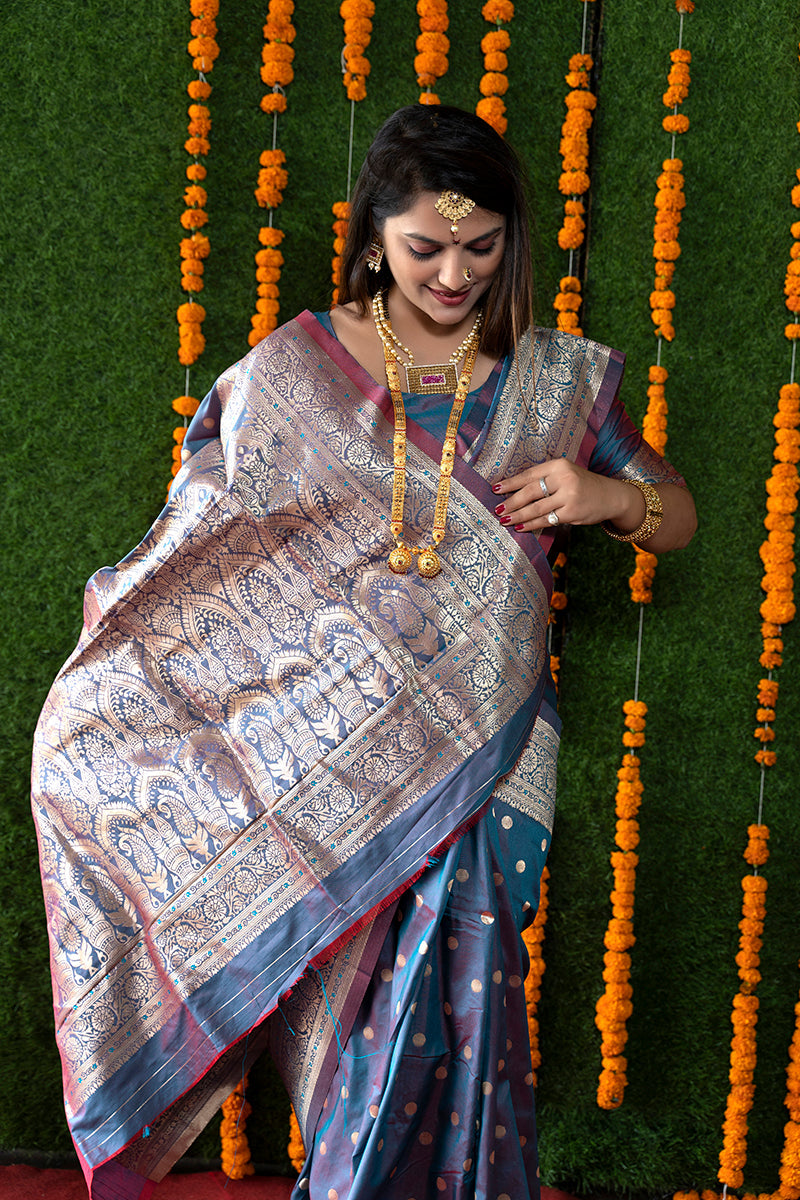 Monjolika Fashion Steel Grey Woven Banarasi Silk Blend Saree With Blouse | Grocsy