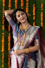 Monjolika Fashion Steel Grey Woven Banarasi Silk Blend Saree With Blouse | Grocsy