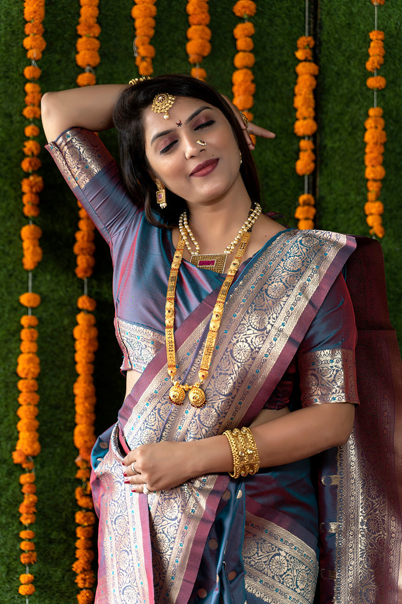 Monjolika Fashion Steel Grey Woven Banarasi Silk Blend Saree With Blouse | Grocsy