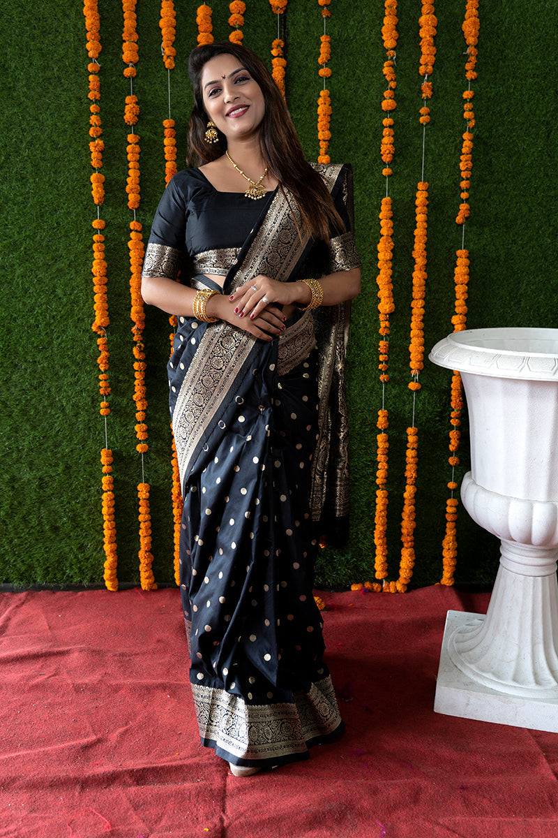 Monjolika Fashion Black Woven Banarasi Silk Blend Saree With Blouse | Grocsy