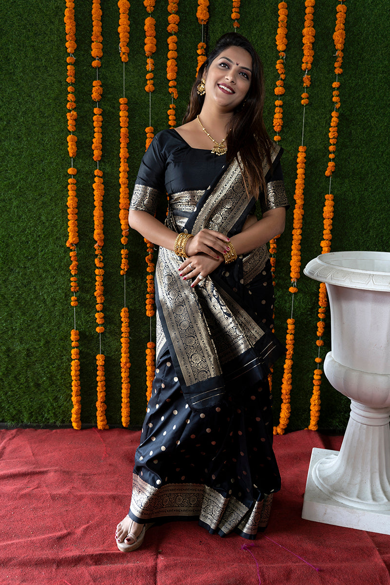 Monjolika Fashion Black Woven Banarasi Silk Blend Saree With Blouse | Grocsy