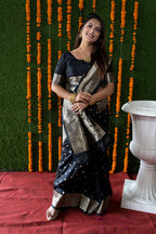 Monjolika Fashion Black Woven Banarasi Silk Blend Saree With Blouse | Grocsy