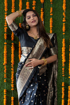 Monjolika Fashion Black Woven Banarasi Silk Blend Saree With Blouse | Grocsy