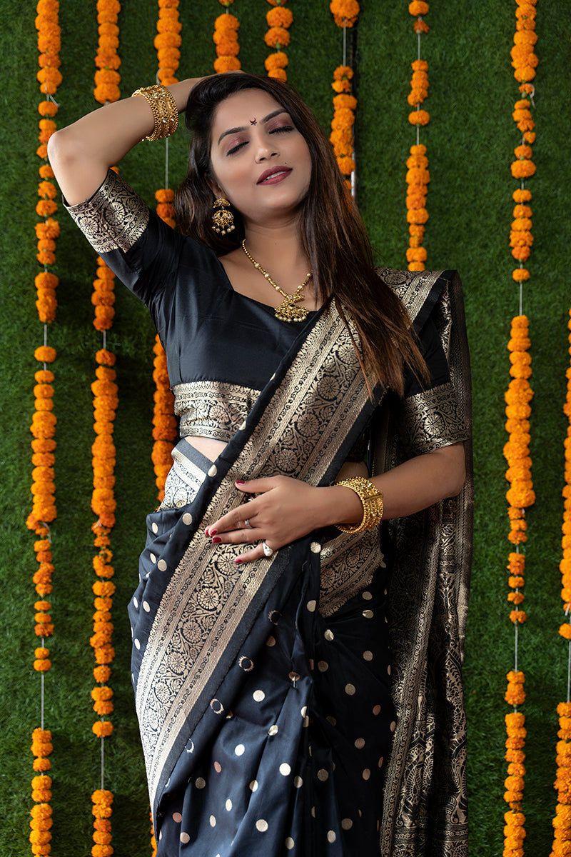Monjolika Fashion Black Woven Banarasi Silk Blend Saree With Blouse | Grocsy