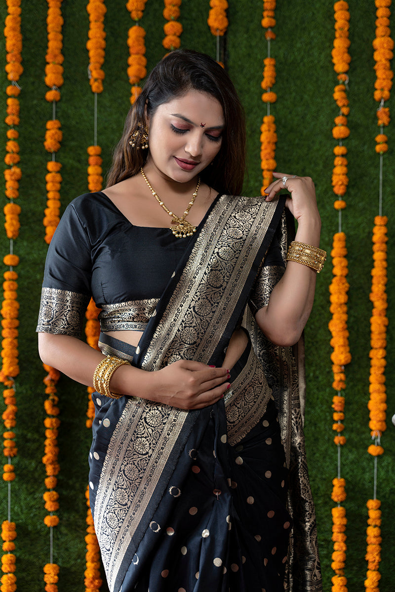 Monjolika Fashion Black Woven Banarasi Silk Blend Saree With Blouse | Grocsy