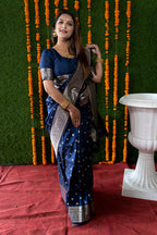 Monjolika Fashion Navy Blue Woven Banarasi Silk Blend Saree With Blouse | Grocsy