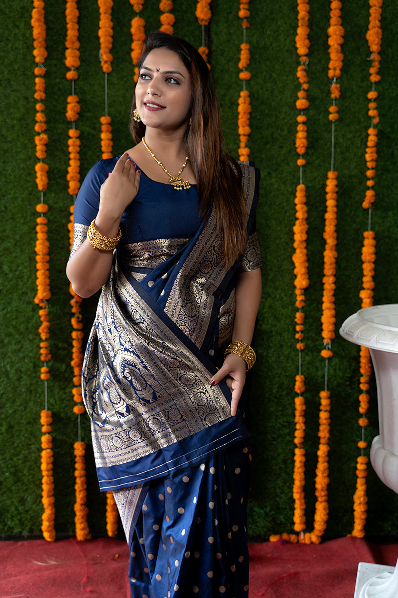 Monjolika Fashion Navy Blue Woven Banarasi Silk Blend Saree With Blouse | Grocsy