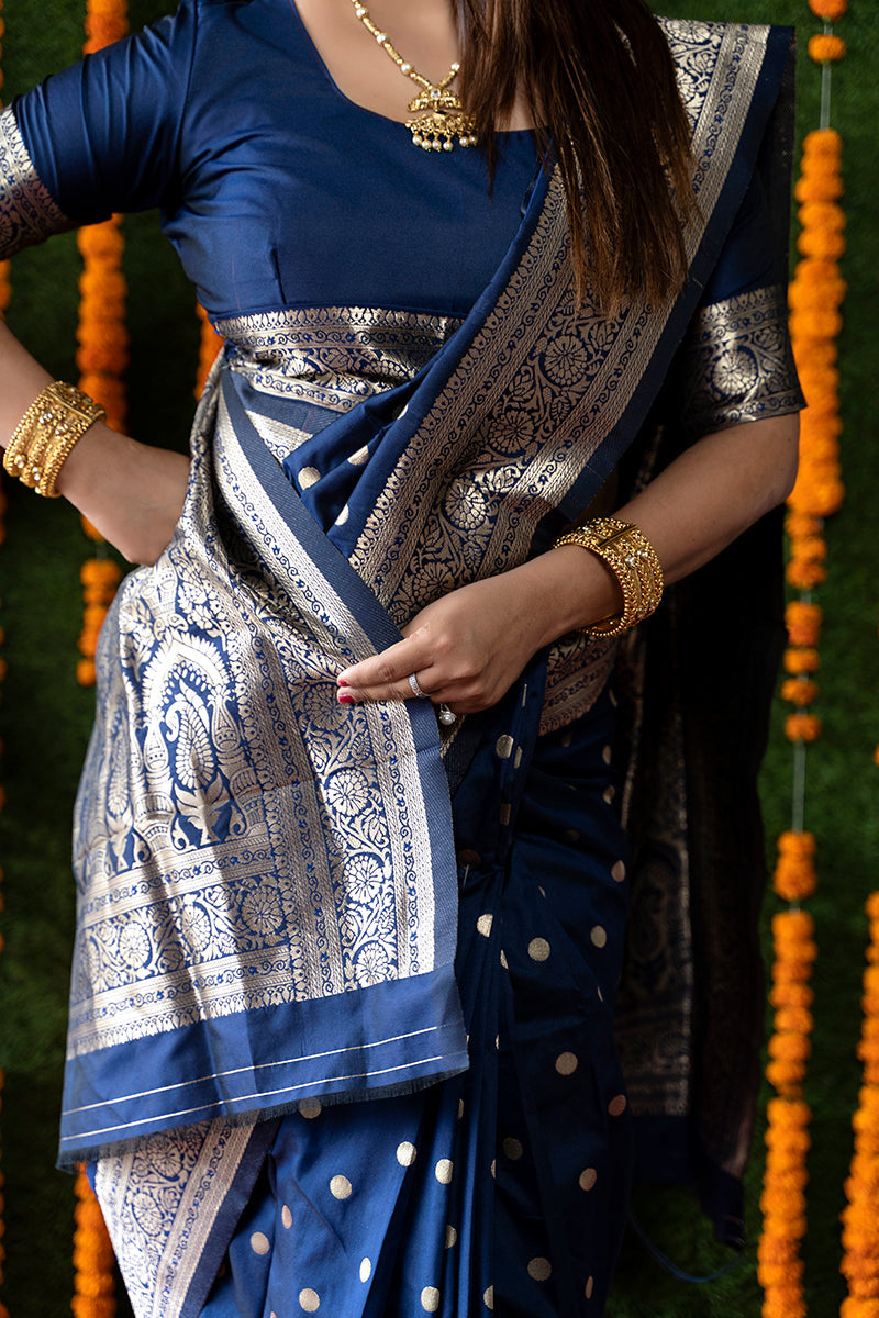 Monjolika Fashion Navy Blue Woven Banarasi Silk Blend Saree With Blouse | Grocsy