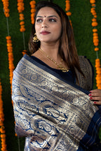 Monjolika Fashion Navy Blue Woven Banarasi Silk Blend Saree With Blouse | Grocsy