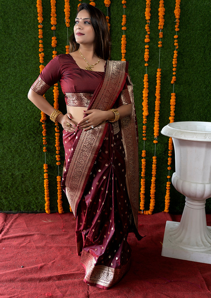 Monjolika Fashion Maroon Woven Banarasi Silk Blend Saree With Blouse | Grocsy