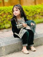 Evanik Green Designer Viscose Velvet Embroidered Work Kids Kurta Set | Grocsy