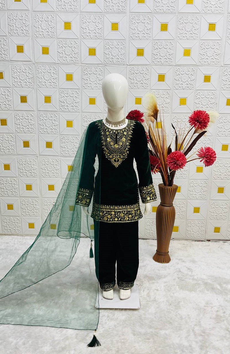 Evanik Green Designer Viscose Velvet Embroidered Work Kids Kurta Set | Grocsy
