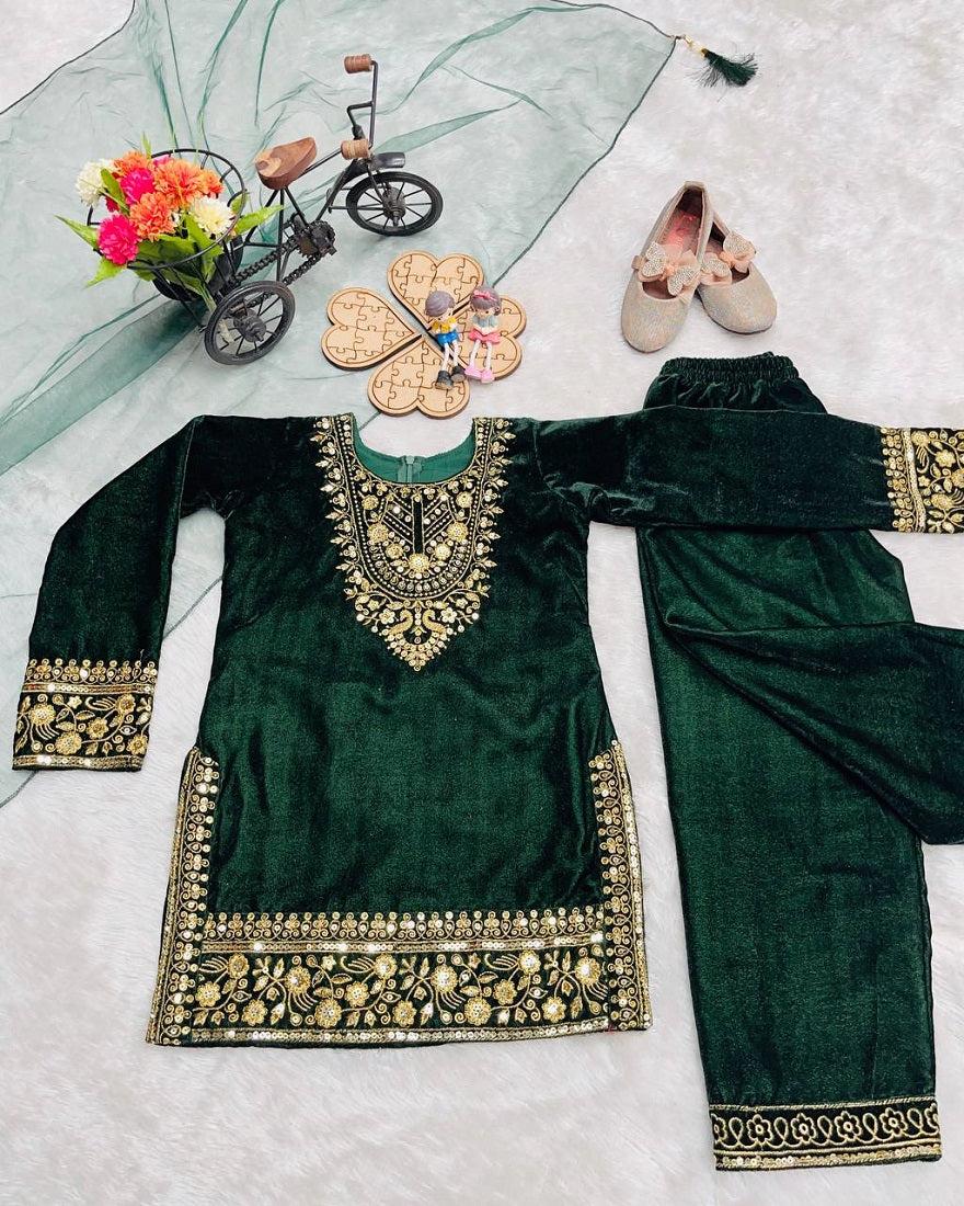 Evanik Green Designer Viscose Velvet Embroidered Work Kids Kurta Set | Grocsy