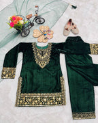 Evanik Green Designer Viscose Velvet Embroidered Work Kids Kurta Set | Grocsy