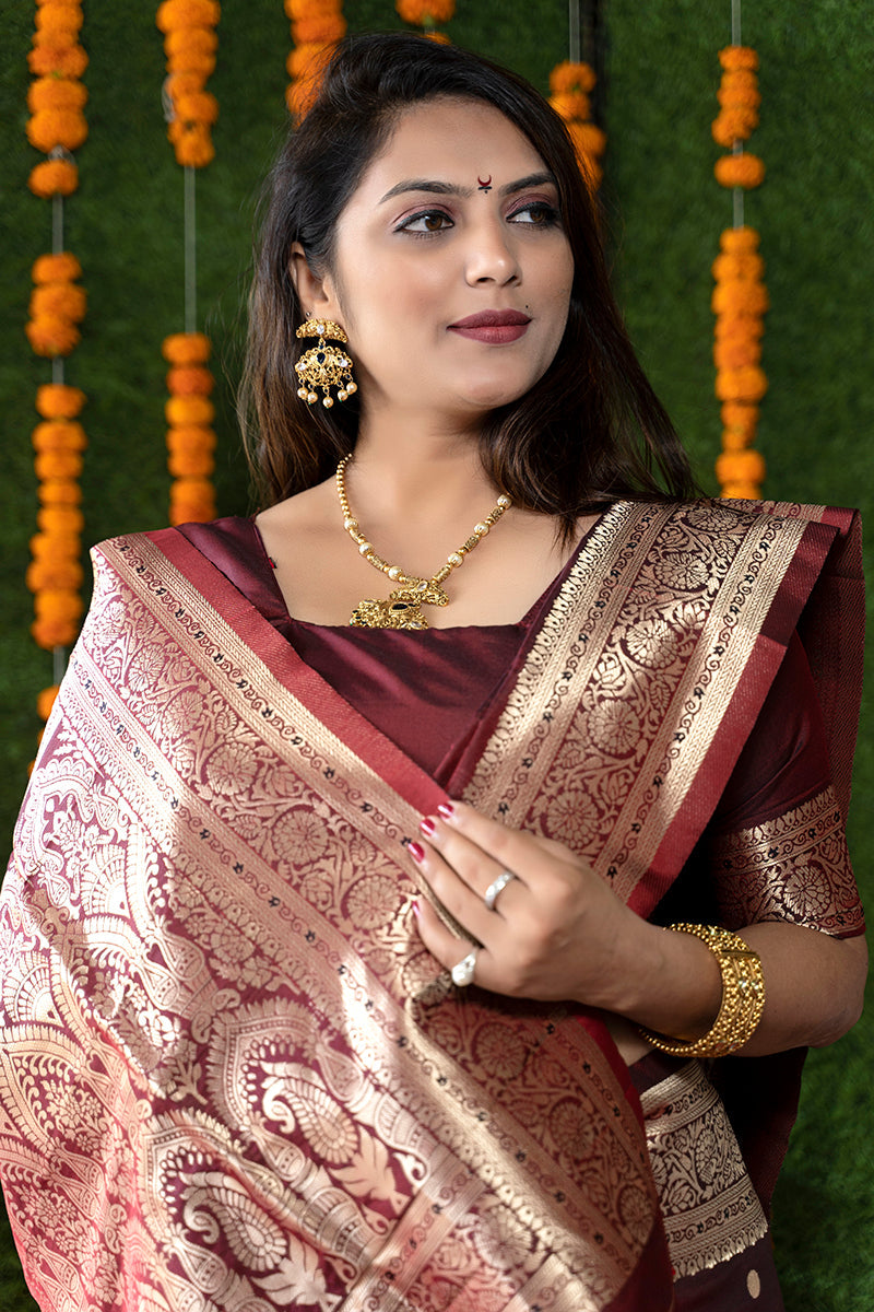 Monjolika Fashion Maroon Woven Banarasi Silk Blend Saree With Blouse | Grocsy