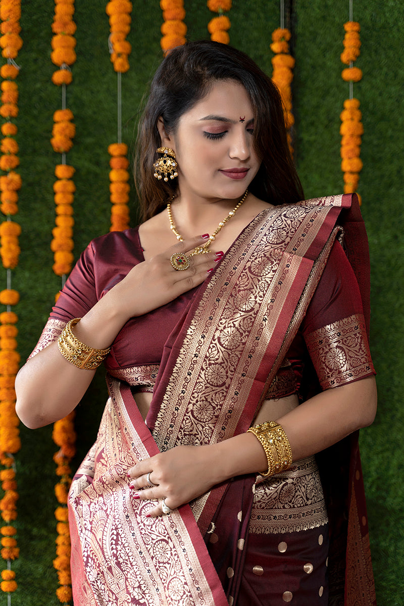 Monjolika Fashion Maroon Woven Banarasi Silk Blend Saree With Blouse | Grocsy