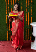Monjolika Fashion Red Woven Banarasi Silk Blend Saree With Blouse | Grocsy