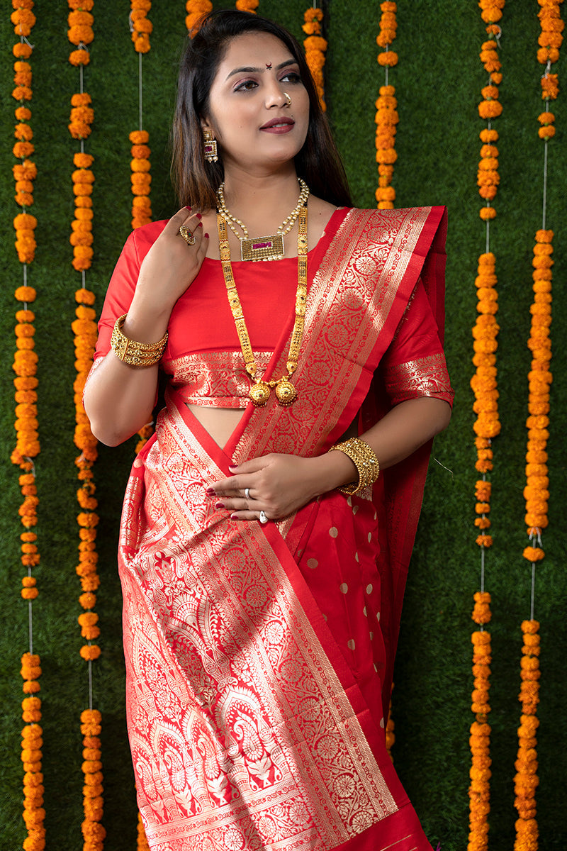 Monjolika Fashion Red Woven Banarasi Silk Blend Saree With Blouse | Grocsy