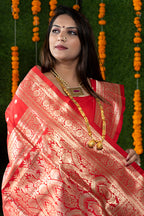 Monjolika Fashion Red Woven Banarasi Silk Blend Saree With Blouse | Grocsy